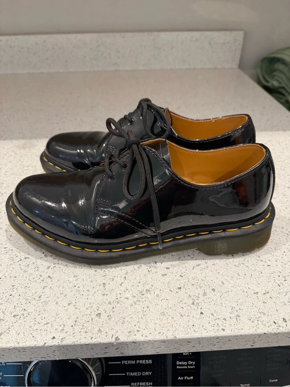 Dr. Martens Black Patent Lace-Up Shoes with Yellow Stitching